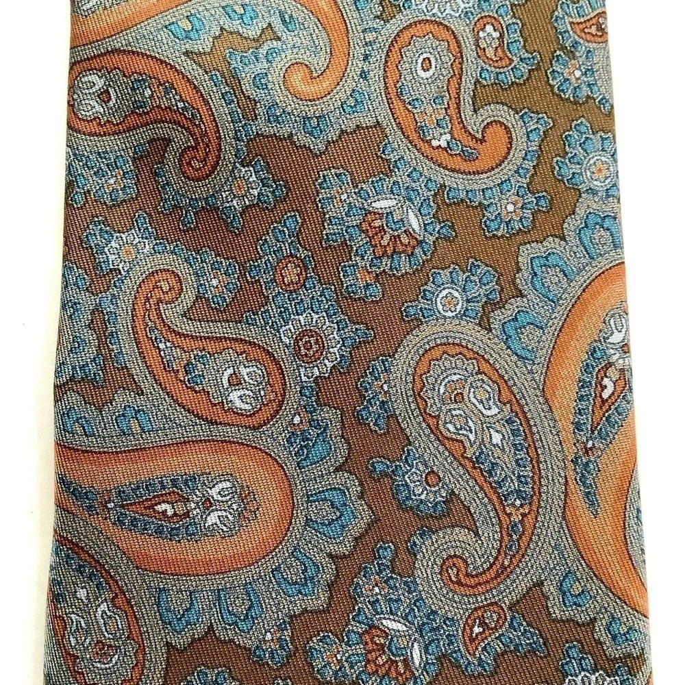 Mr Big 'n Tall Long Woven Silk Tie Brown Orange Slate Blue Paisley 63" - Picture 7 of 11